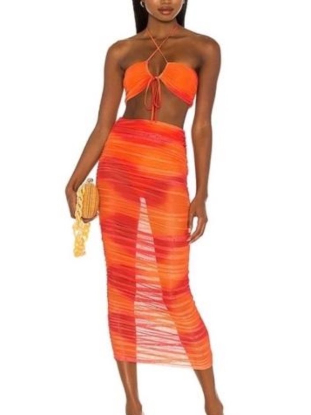 Camila Coelho Kelly Ruched Halter Crop Top – Orange Tie Dye